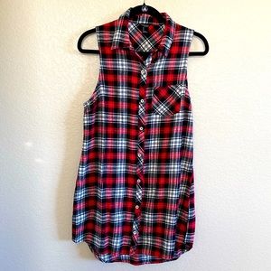 Forever21 red plaid sleeveless long high low shirt